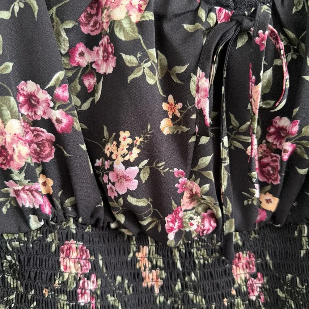 1X XL Floral Boho Off the Shoulder Top Blouse Puff Sleeve Peasant Lace Trim - Picture 9 of 15
